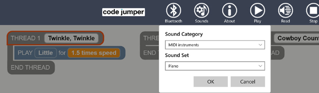 A screenshot of the Code Jumper app showing a grayed-out program in Thread 1 and a pop-up dialog box where you can change the Sound Category and Sound Set.